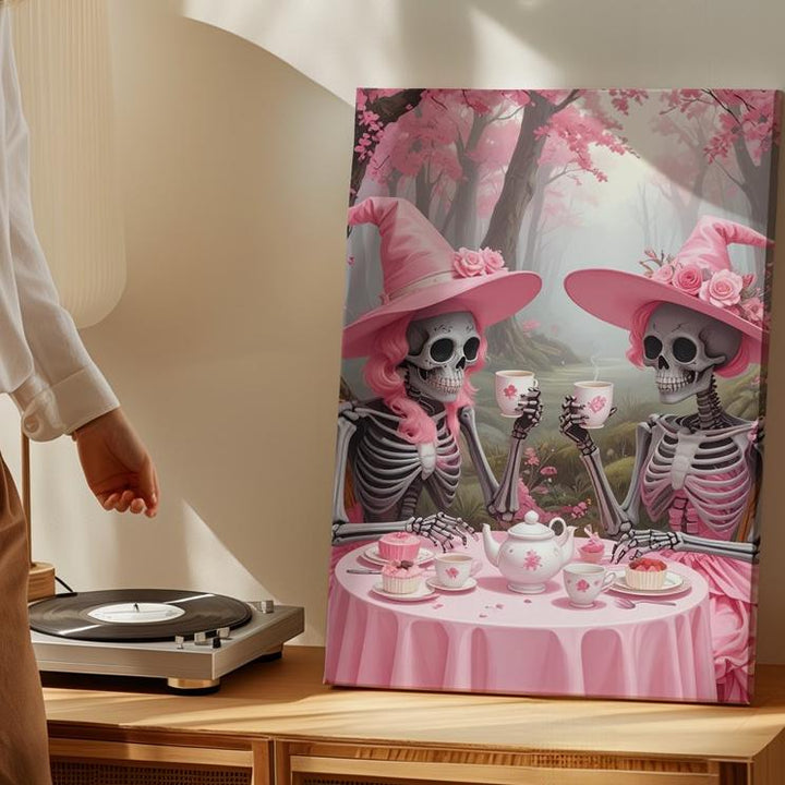 Skeleton Tea Party Canvas – Pink Witch Hat Halloween Art in Pastel Woodland - Gifitto