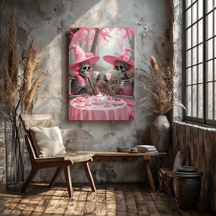 Skeleton Tea Party Canvas – Pink Witch Hat Halloween Art in Pastel Woodland - Gifitto