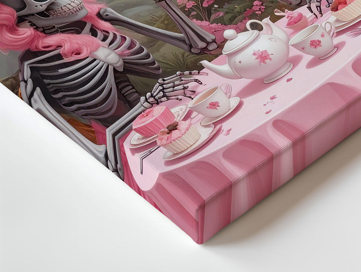 Skeleton Tea Party Canvas – Pink Witch Hat Halloween Art in Pastel Woodland - Gifitto