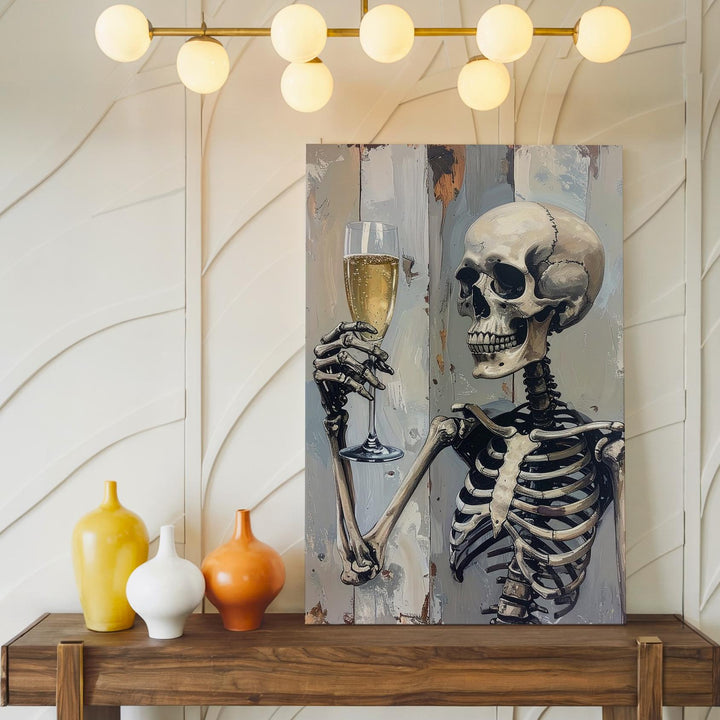 Gothic Toast Skeletons Canvas – Minimalist Champagne Celebration Art - Gifitto