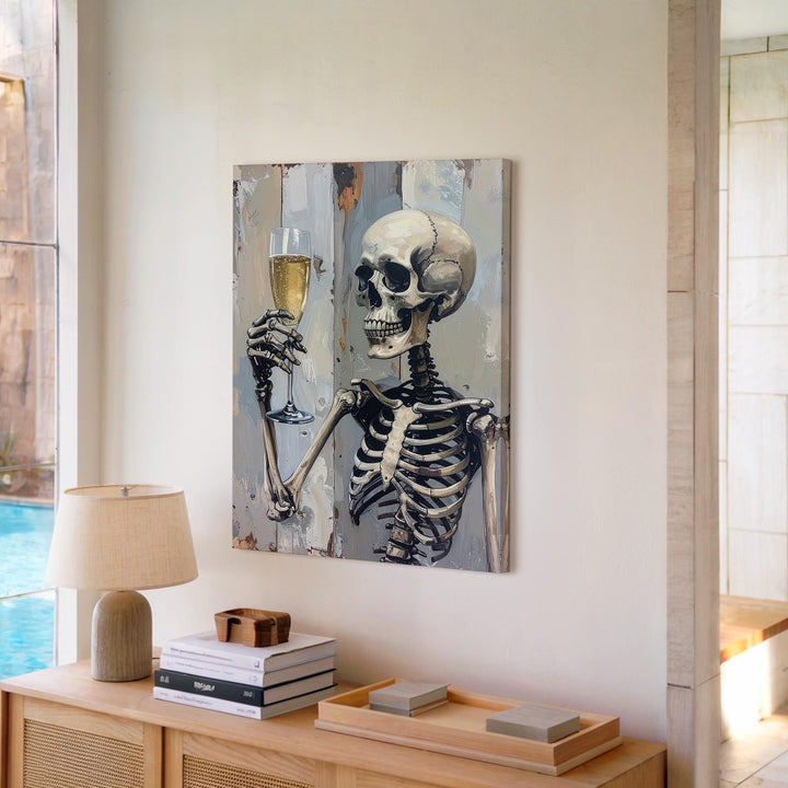 Gothic Toast Skeletons Canvas – Minimalist Champagne Celebration Art - Gifitto