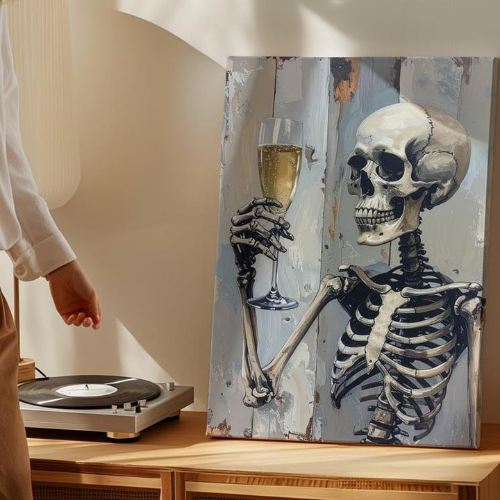 Gothic Toast Skeletons Canvas – Minimalist Champagne Celebration Art - Gifitto
