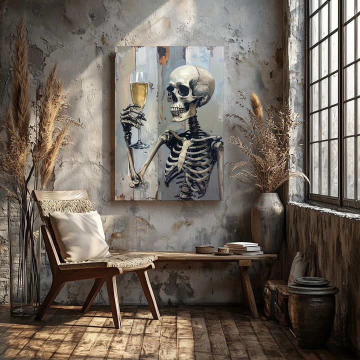 Gothic Toast Skeletons Canvas – Minimalist Champagne Celebration Art - Gifitto