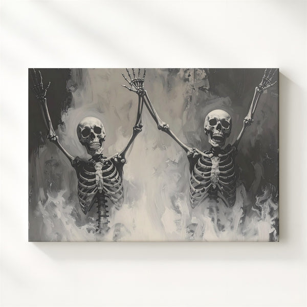 Dancing Skeletons Canvas – Playful Resurrection Mist Art - Gifitto