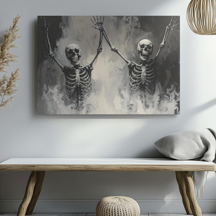 Dancing Skeletons Canvas – Playful Resurrection Mist Art - Gifitto