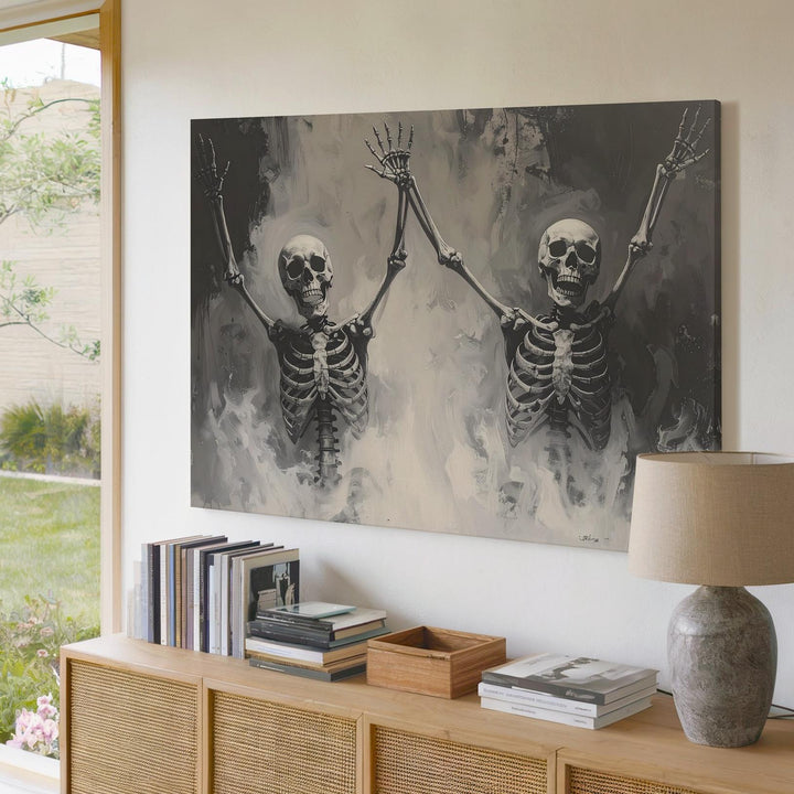Dancing Skeletons Canvas – Playful Resurrection Mist Art - Gifitto
