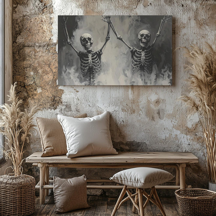 Dancing Skeletons Canvas – Playful Resurrection Mist Art - Gifitto