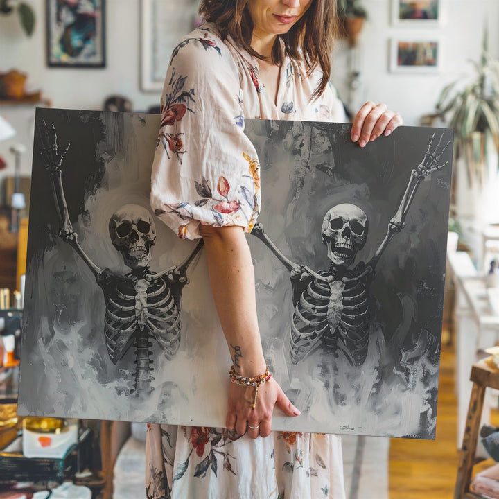 Dancing Skeletons Canvas – Playful Resurrection Mist Art - Gifitto