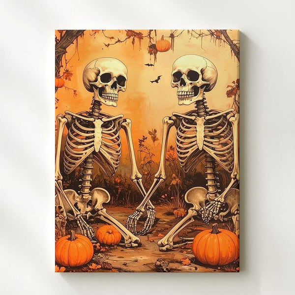 Chatting Skeletons in Swamp Patch Canvas – Humorous Halloween Undead Art - Gifitto