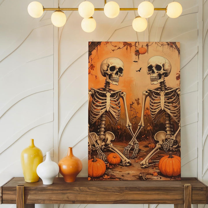Chatting Skeletons in Swamp Patch Canvas – Humorous Halloween Undead Art - Gifitto