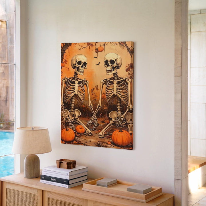 Chatting Skeletons in Swamp Patch Canvas – Humorous Halloween Undead Art - Gifitto