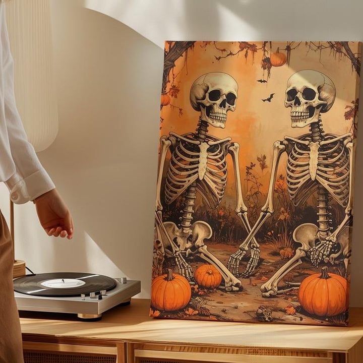 Chatting Skeletons in Swamp Patch Canvas – Humorous Halloween Undead Art - Gifitto
