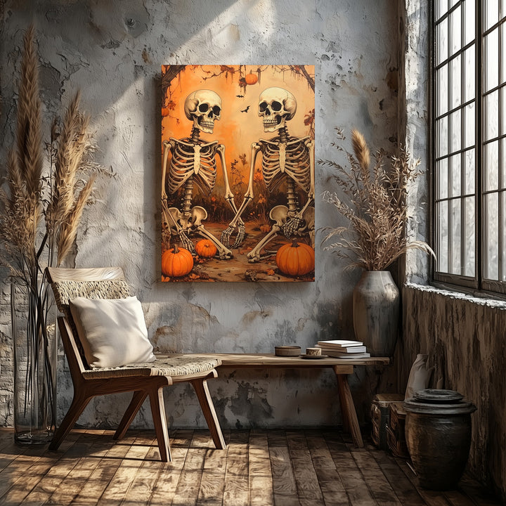 Chatting Skeletons in Swamp Patch Canvas – Humorous Halloween Undead Art - Gifitto