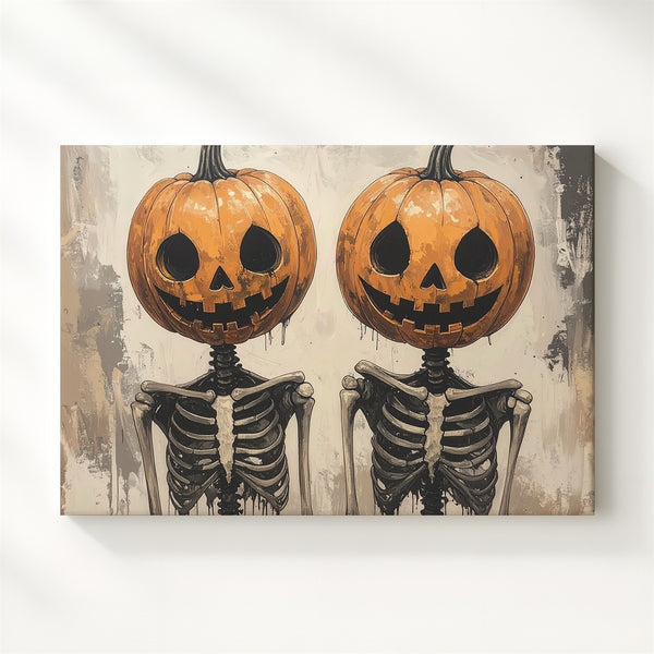 Pumpkin-Head Skeleton Duo Canvas – Ink Splatter Halloween Art Print - Gifitto