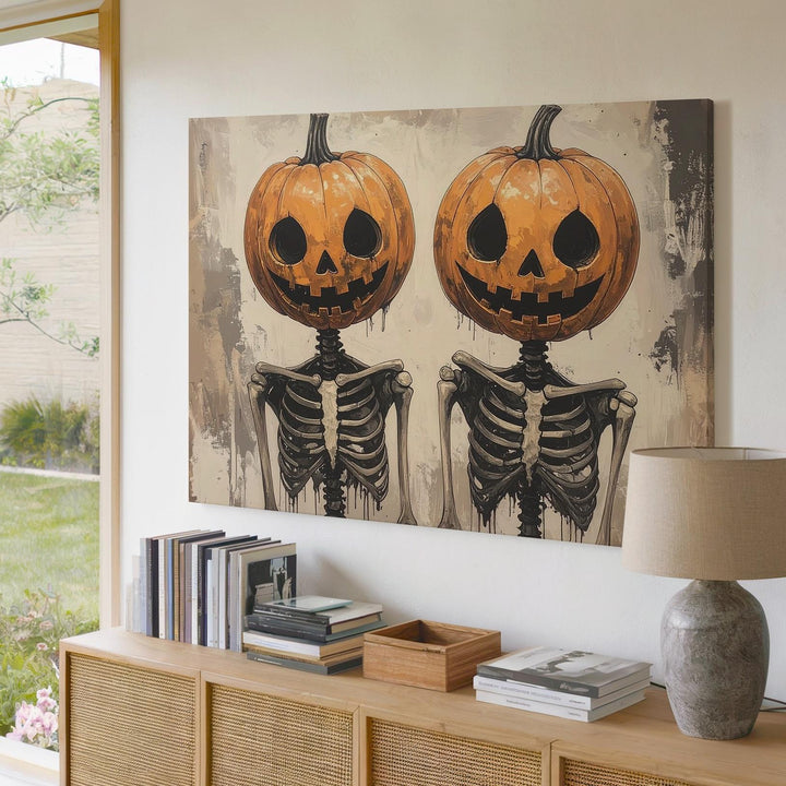 Pumpkin-Head Skeleton Duo Canvas – Ink Splatter Halloween Art Print - Gifitto