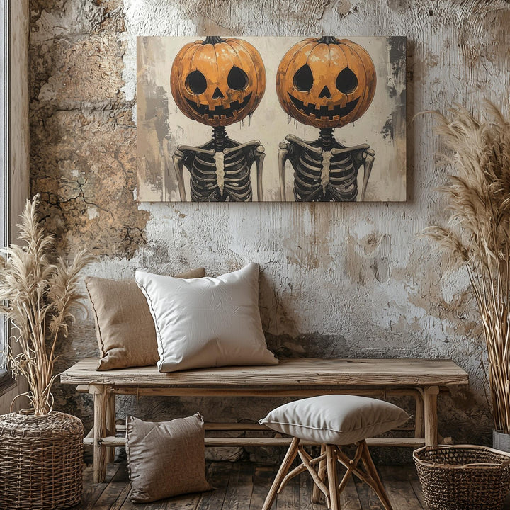 Pumpkin-Head Skeleton Duo Canvas – Ink Splatter Halloween Art Print - Gifitto