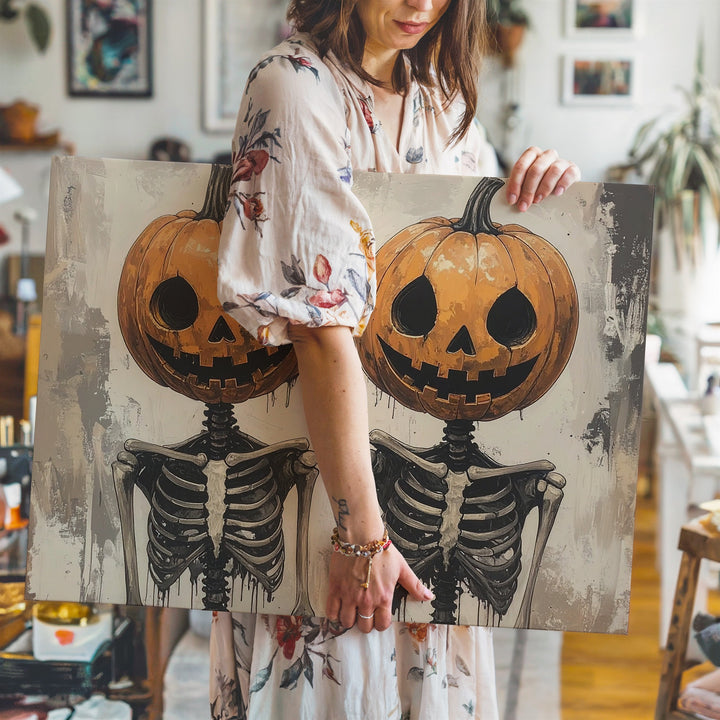 Pumpkin-Head Skeleton Duo Canvas – Ink Splatter Halloween Art Print - Gifitto