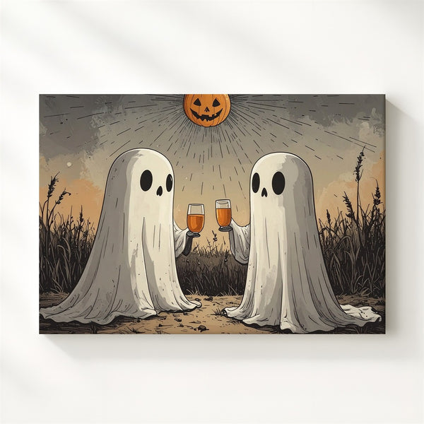 Ghost Toast Under Pumpkin Moon Canvas – Minimalist Halloween Night Art - Gifitto