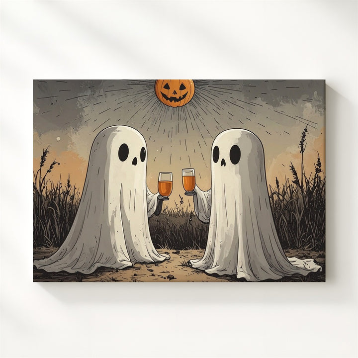 Ghost Toast Under Pumpkin Moon Canvas – Minimalist Halloween Night Art - Gifitto