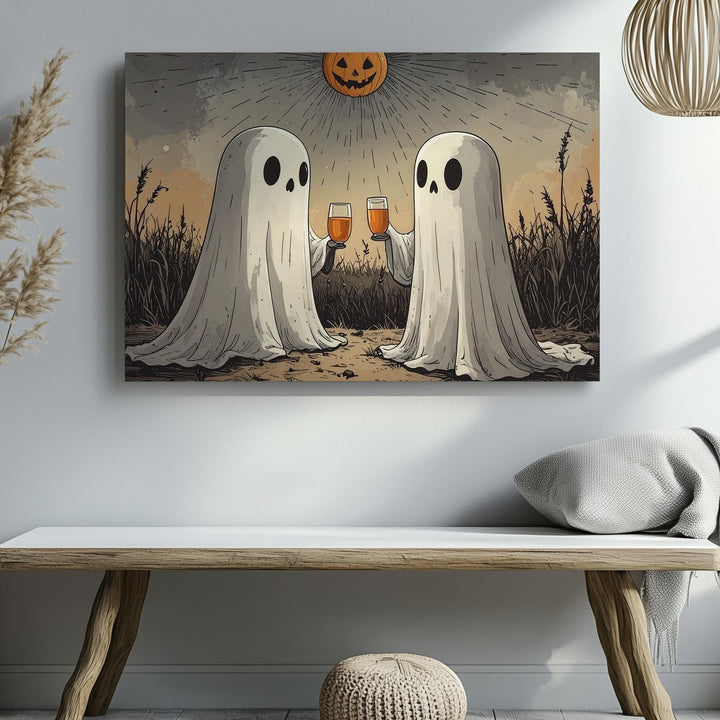 Ghost Toast Under Pumpkin Moon Canvas – Minimalist Halloween Night Art - Gifitto