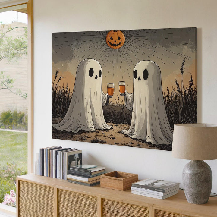 Ghost Toast Under Pumpkin Moon Canvas – Minimalist Halloween Night Art - Gifitto