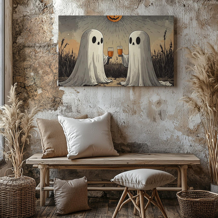 Ghost Toast Under Pumpkin Moon Canvas – Minimalist Halloween Night Art - Gifitto