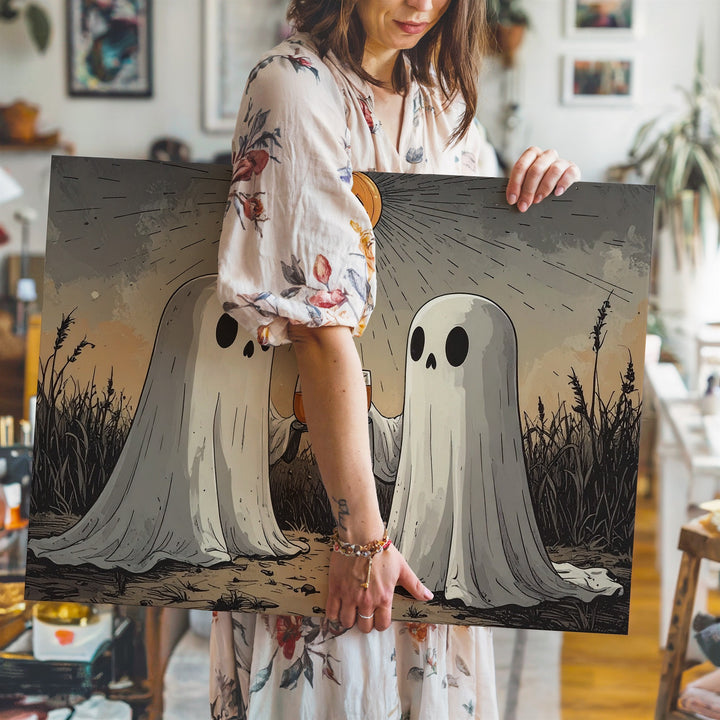 Ghost Toast Under Pumpkin Moon Canvas – Minimalist Halloween Night Art - Gifitto