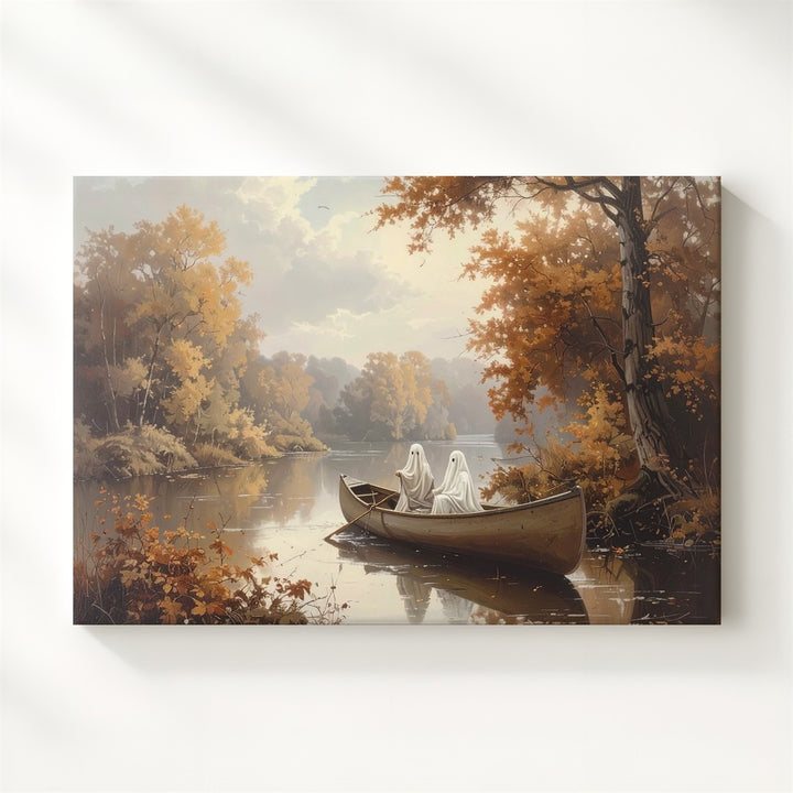 Ghosts in Canoe Canvas – Tranquil Autumn Halloween River Scene - Gifitto