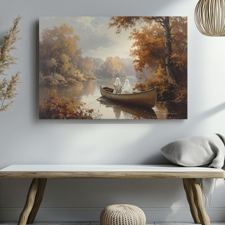 Ghosts in Canoe Canvas – Tranquil Autumn Halloween River Scene - Gifitto