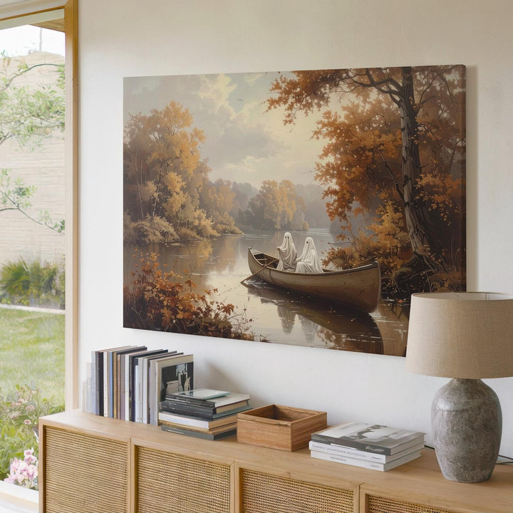 Ghosts in Canoe Canvas – Tranquil Autumn Halloween River Scene - Gifitto