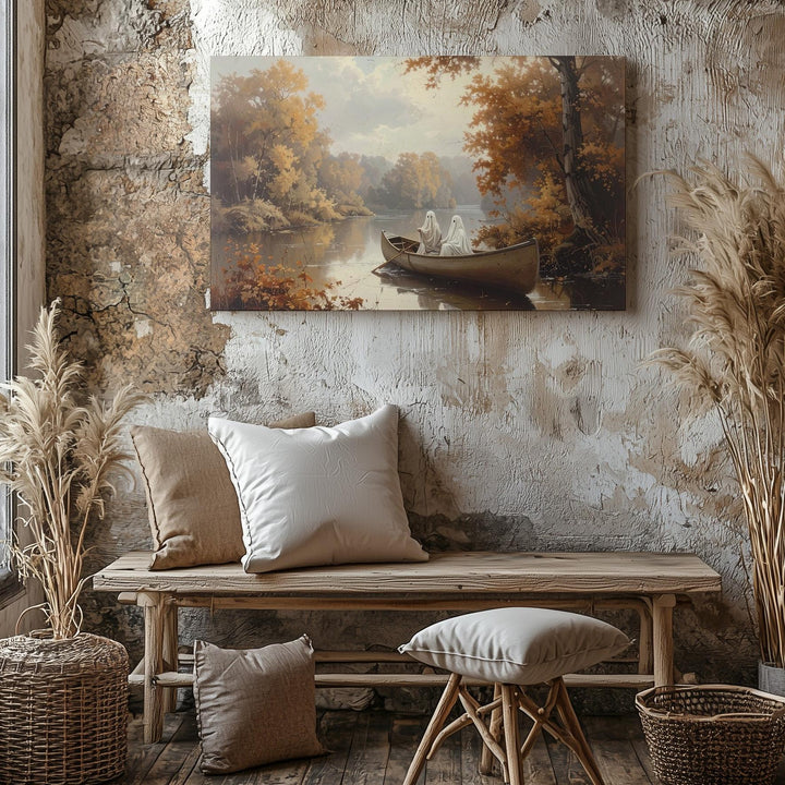 Ghosts in Canoe Canvas – Tranquil Autumn Halloween River Scene - Gifitto