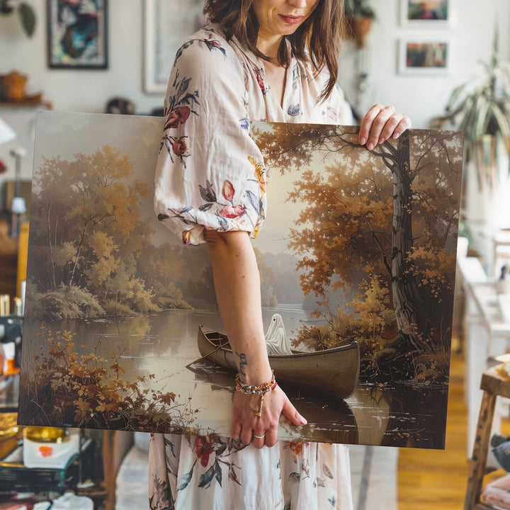 Ghosts in Canoe Canvas – Tranquil Autumn Halloween River Scene - Gifitto