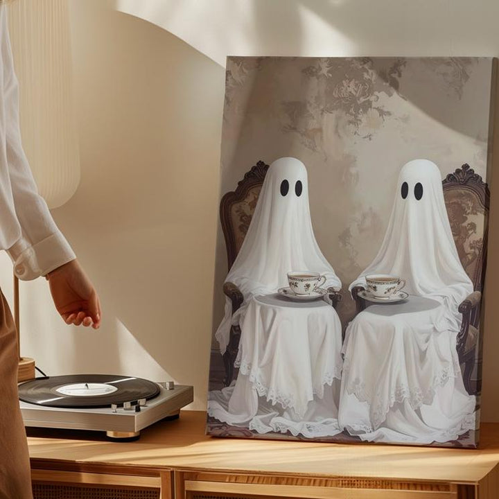 Tea-Time Ghosts Canvas – Vintage Quirky Halloween Wall Art - Gifitto
