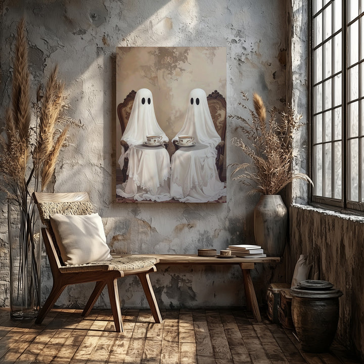 Tea-Time Ghosts Canvas – Vintage Quirky Halloween Wall Art - Gifitto