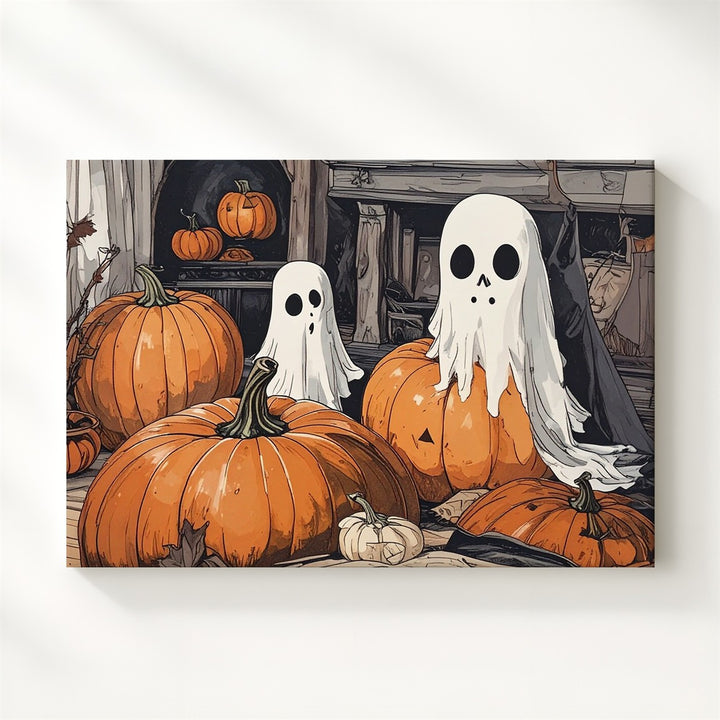 Cozy Ghost & Pumpkin Room Canvas – Nostalgic Indoor Halloween Art - Gifitto