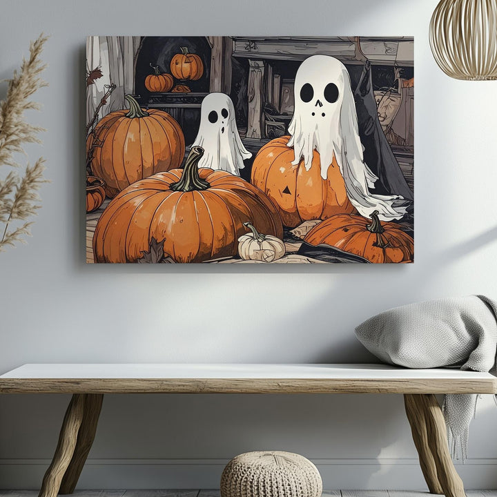 Cozy Ghost & Pumpkin Room Canvas – Nostalgic Indoor Halloween Art - Gifitto