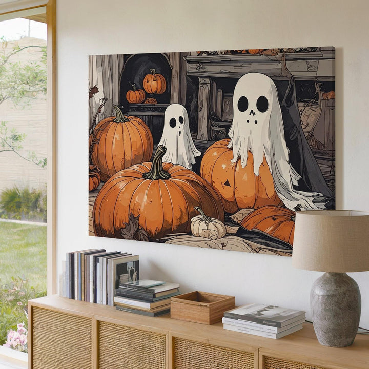 Cozy Ghost & Pumpkin Room Canvas – Nostalgic Indoor Halloween Art - Gifitto