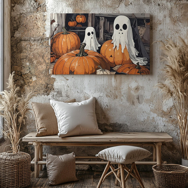 Cozy Ghost & Pumpkin Room Canvas – Nostalgic Indoor Halloween Art - Gifitto
