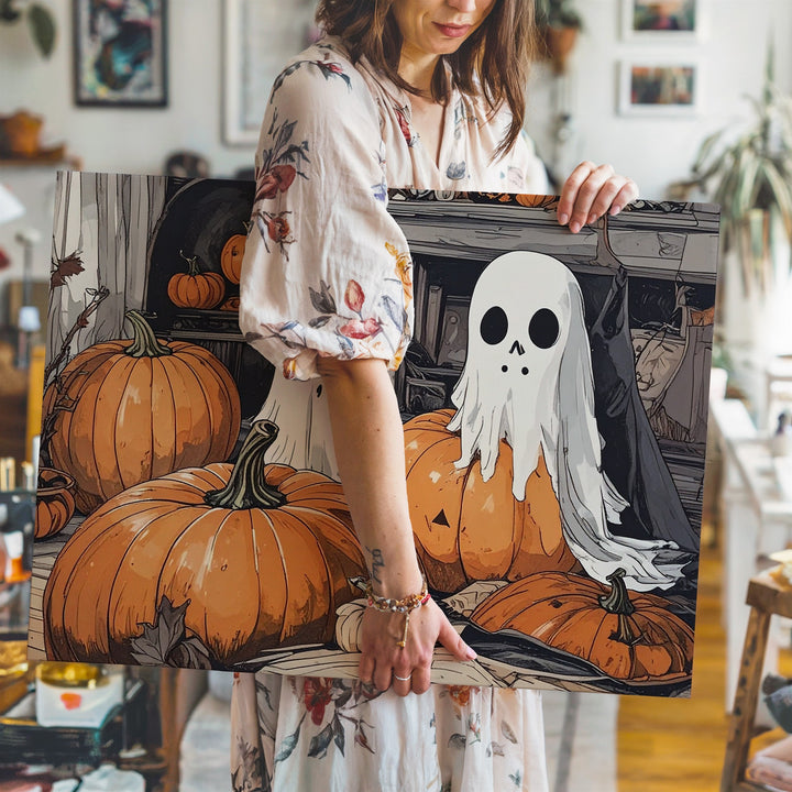 Cozy Ghost & Pumpkin Room Canvas – Nostalgic Indoor Halloween Art - Gifitto