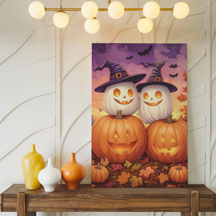 Stacked Jack-O’-Lanterns Canvas – Whimsical Halloween Pumpkin Art - Gifitto