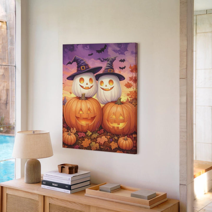 Stacked Jack-O’-Lanterns Canvas – Whimsical Halloween Pumpkin Art - Gifitto
