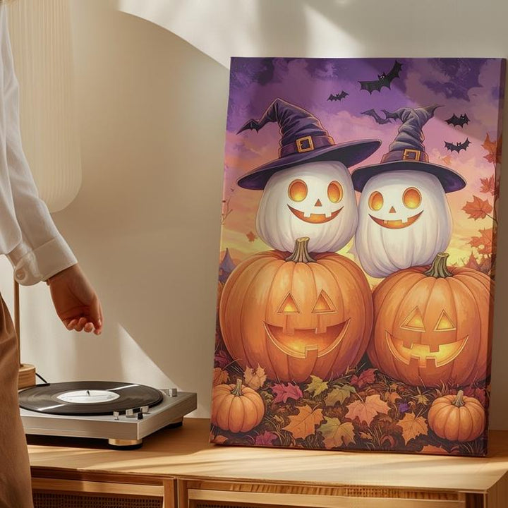 Stacked Jack-O’-Lanterns Canvas – Whimsical Halloween Pumpkin Art - Gifitto