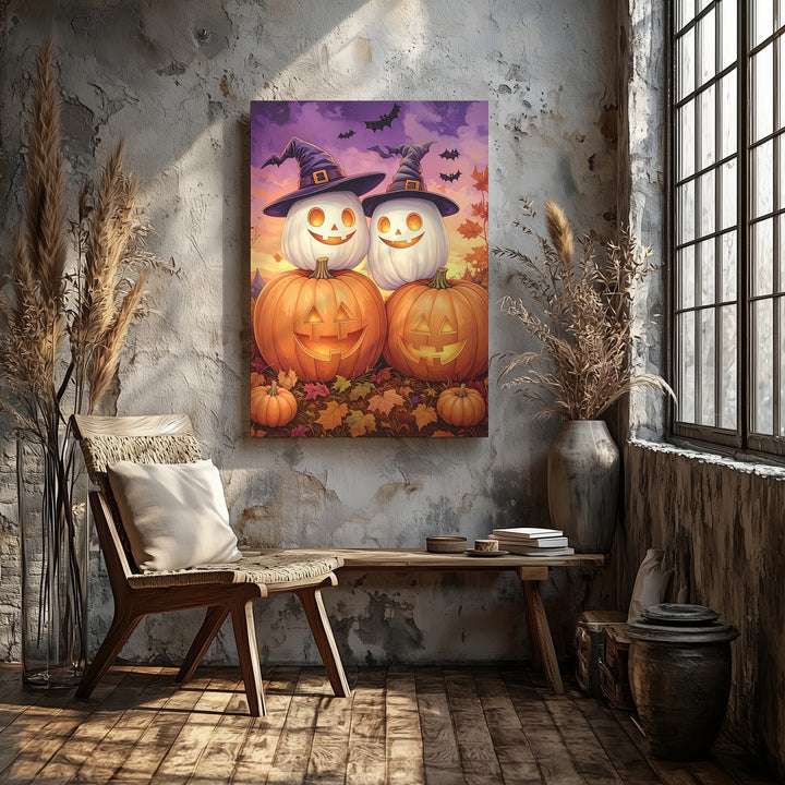 Stacked Jack-O’-Lanterns Canvas – Whimsical Halloween Pumpkin Art - Gifitto