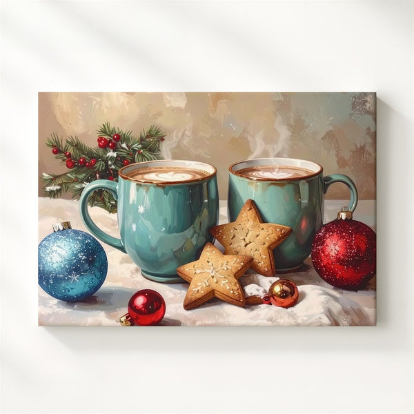 Cozy Holiday Mugs Canvas – Warm Cocoa with Star Cookies & Ornaments - Gifitto