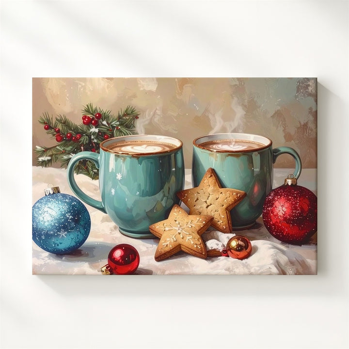 Cozy Holiday Mugs Canvas – Warm Cocoa with Star Cookies & Ornaments - Gifitto
