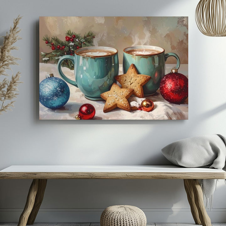 Cozy Holiday Mugs Canvas – Warm Cocoa with Star Cookies & Ornaments - Gifitto