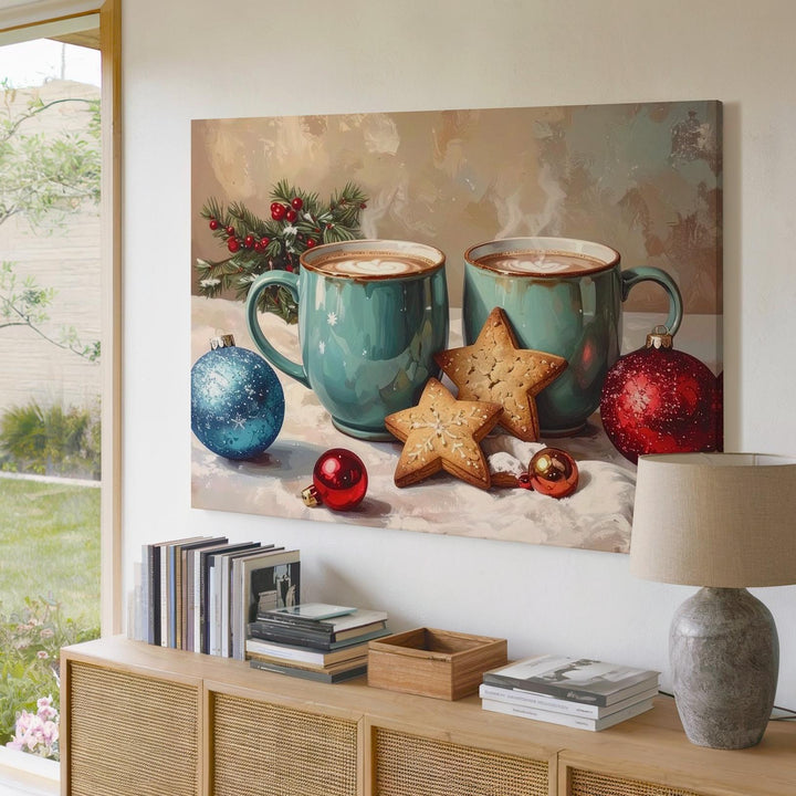 Cozy Holiday Mugs Canvas – Warm Cocoa with Star Cookies & Ornaments - Gifitto