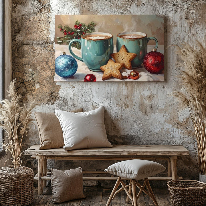 Cozy Holiday Mugs Canvas – Warm Cocoa with Star Cookies & Ornaments - Gifitto