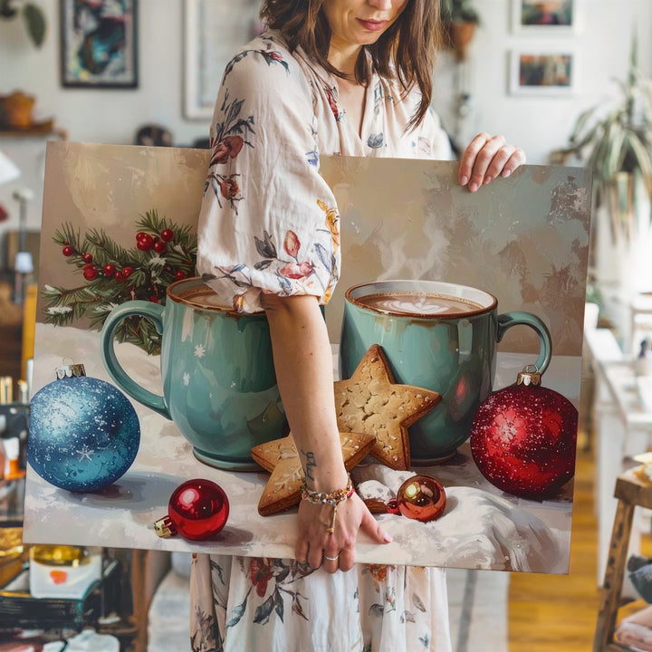 Cozy Holiday Mugs Canvas – Warm Cocoa with Star Cookies & Ornaments - Gifitto