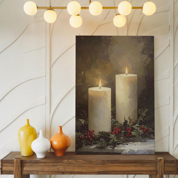 White Candle & Holly Canvas – Peaceful Christmas Faith Wall Art - Gifitto